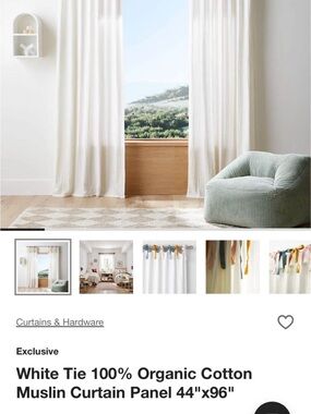 Crate&Barrel Ivory Tie-Top Organic Cotton Muslin Curtain Panel